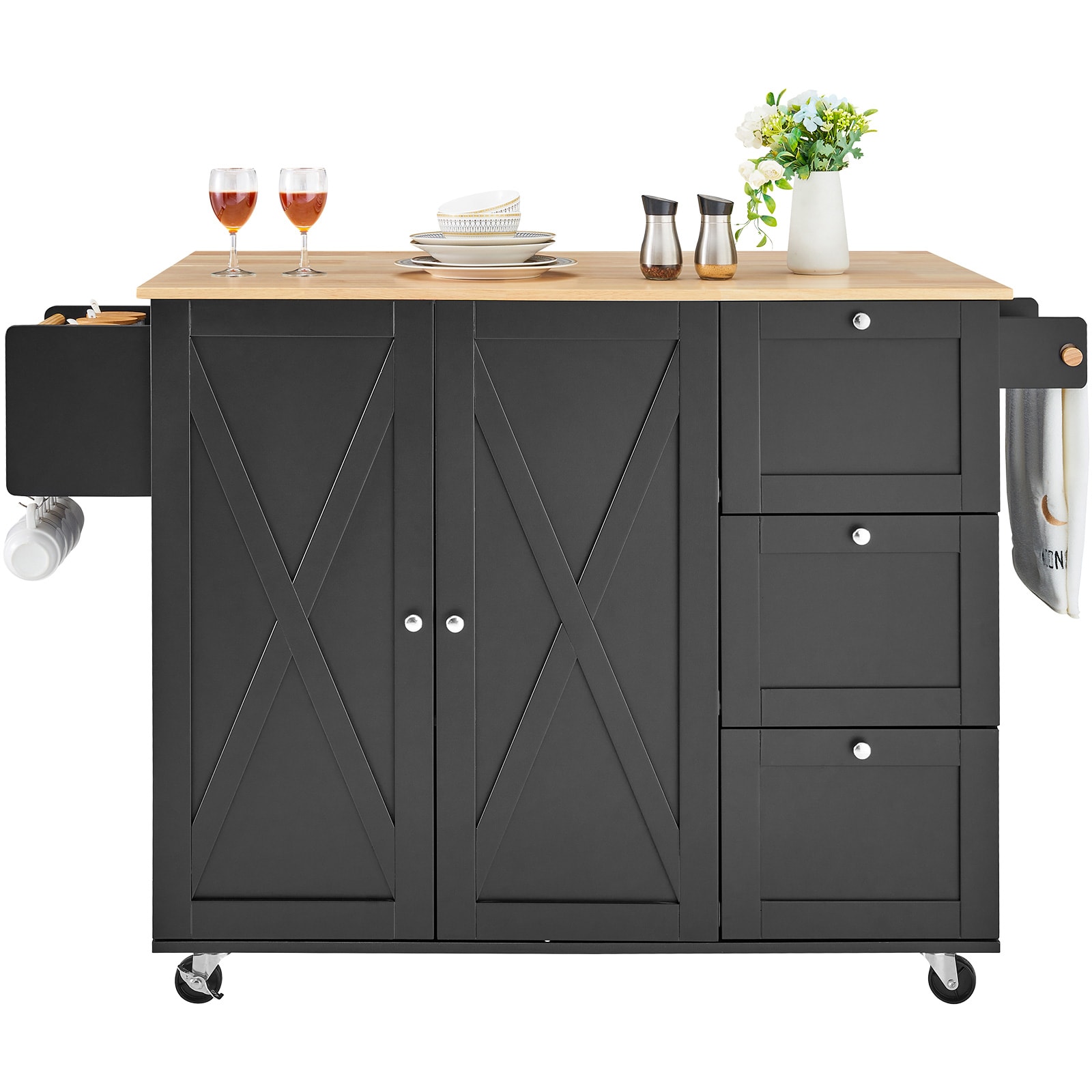 Kitchen Island Cart Rolling Storage Cabinet On Wheel With Drawer & Shelves_voghion.com